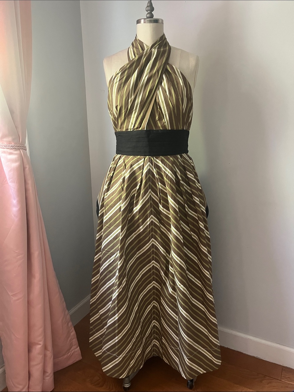 Tory Burch Olive Black & Cream Striped Halter Maxi Dress with Black Waistband